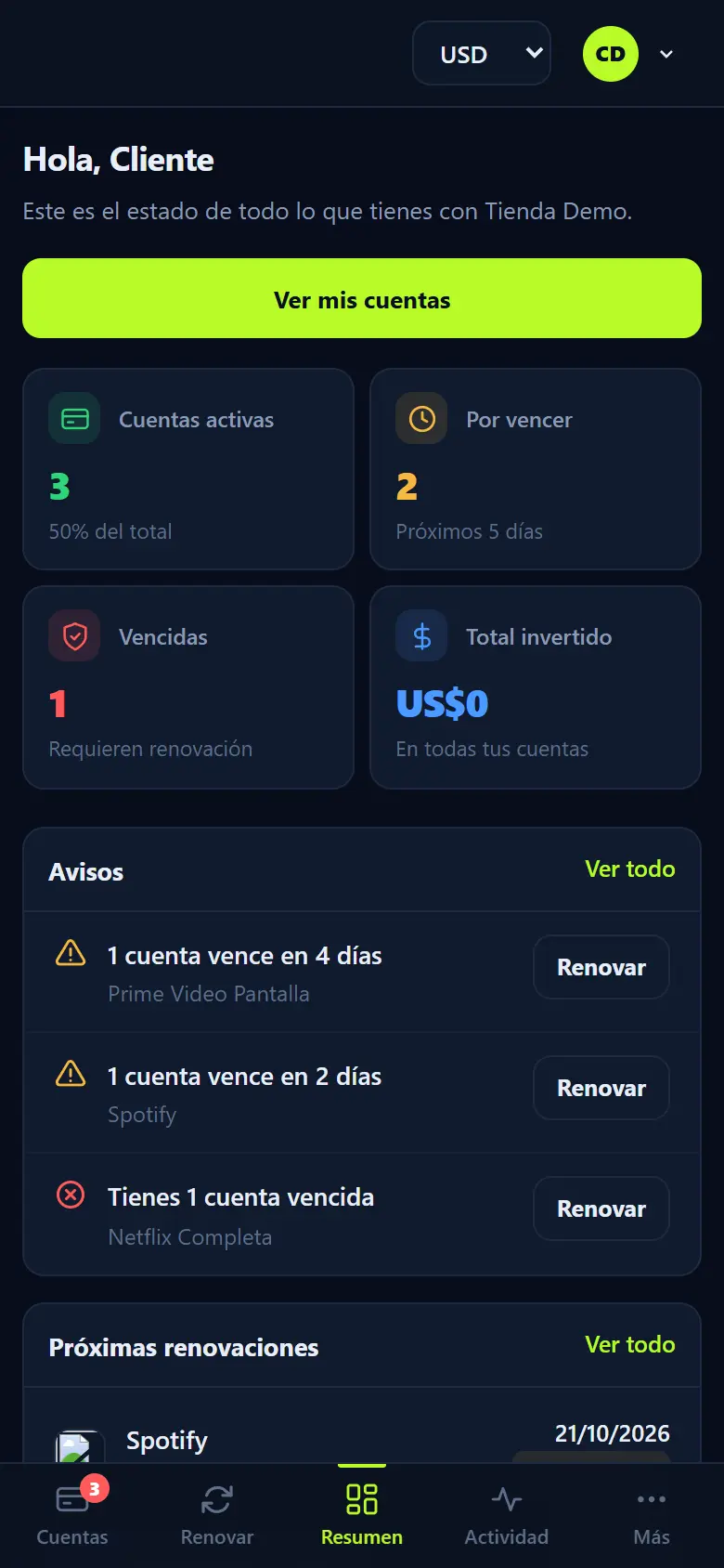 Inicio del cliente en Mi cuenta