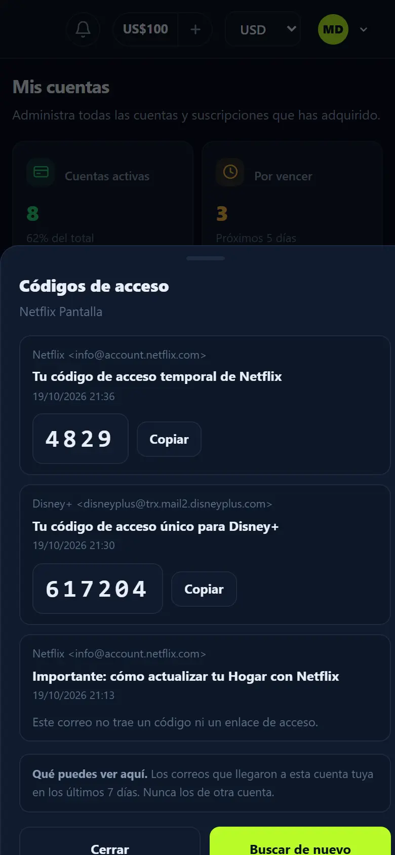 Códigos de acceso en Mi cuenta
