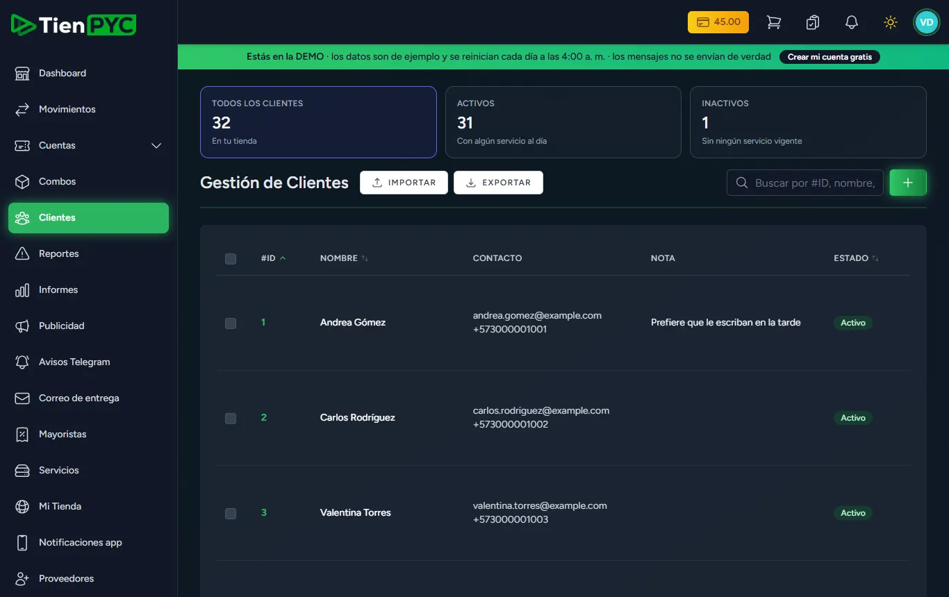 Clientes y reportes en TienPYC